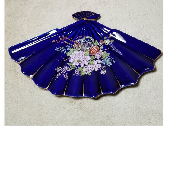 Asian Fan Blue Cobalt Candy Dish Gold Trim 10" Cherry Blossom Ceramic - Picture 2 of 8